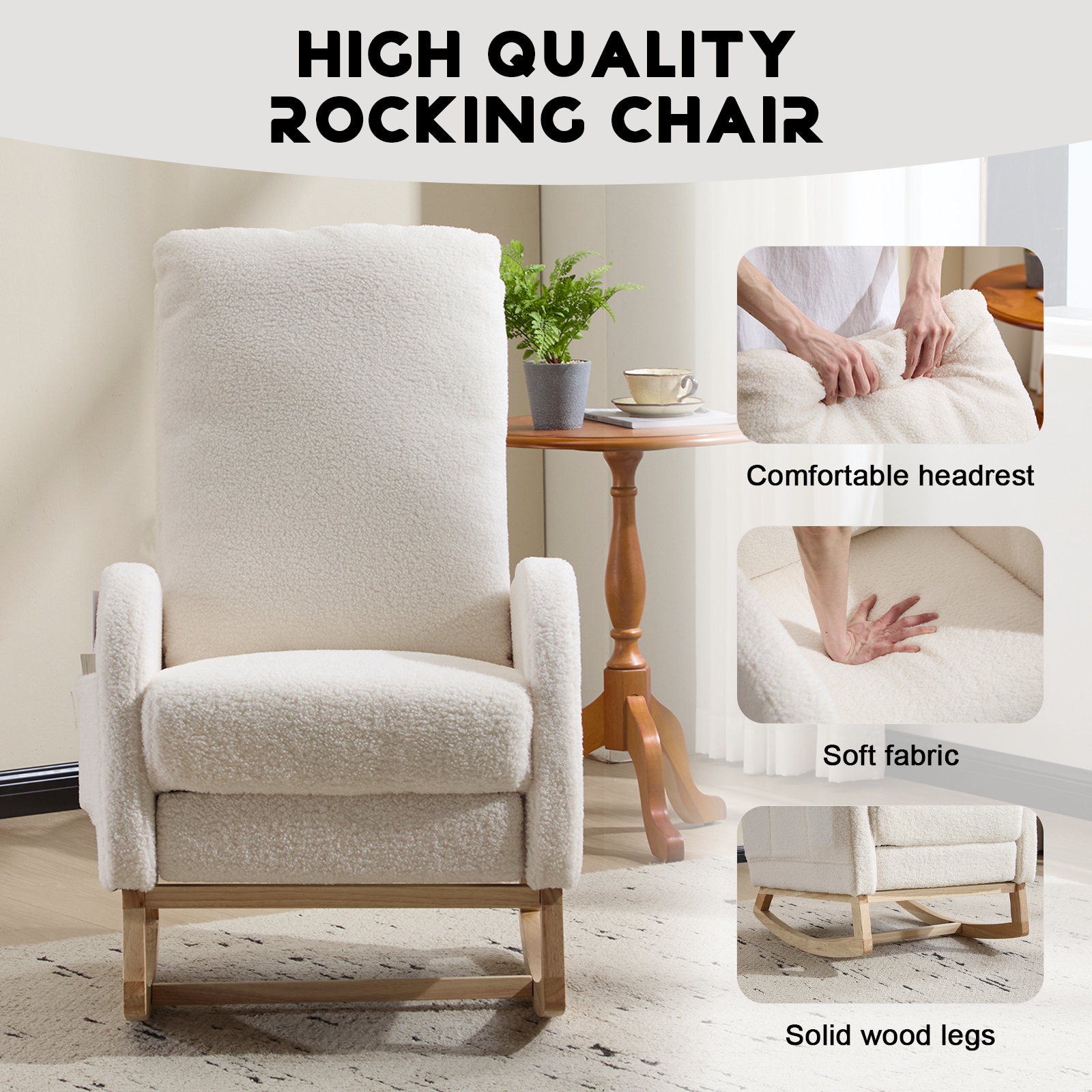Modern Accent Rocking Chair Rocking Chair With Solid Wood Legs, Upholstered Nursery Glider Rocker, Comfy Armchair With Side Pocket, Living Room Lounge Arm Chair With High Backrest (White,teddy)_voghion.com